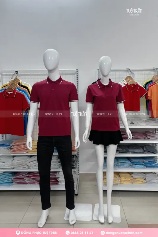 Áo thun cổ trụ đồng phục đỏ đô phối bo sọc