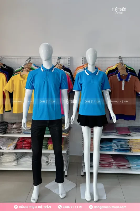 Áo thun mè polo đồng phục xanh ya chai phối bo 2 sọc