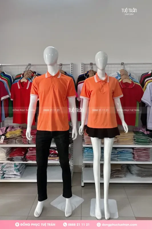 Áo thun polo mè đồng phục cam phối bo sọc