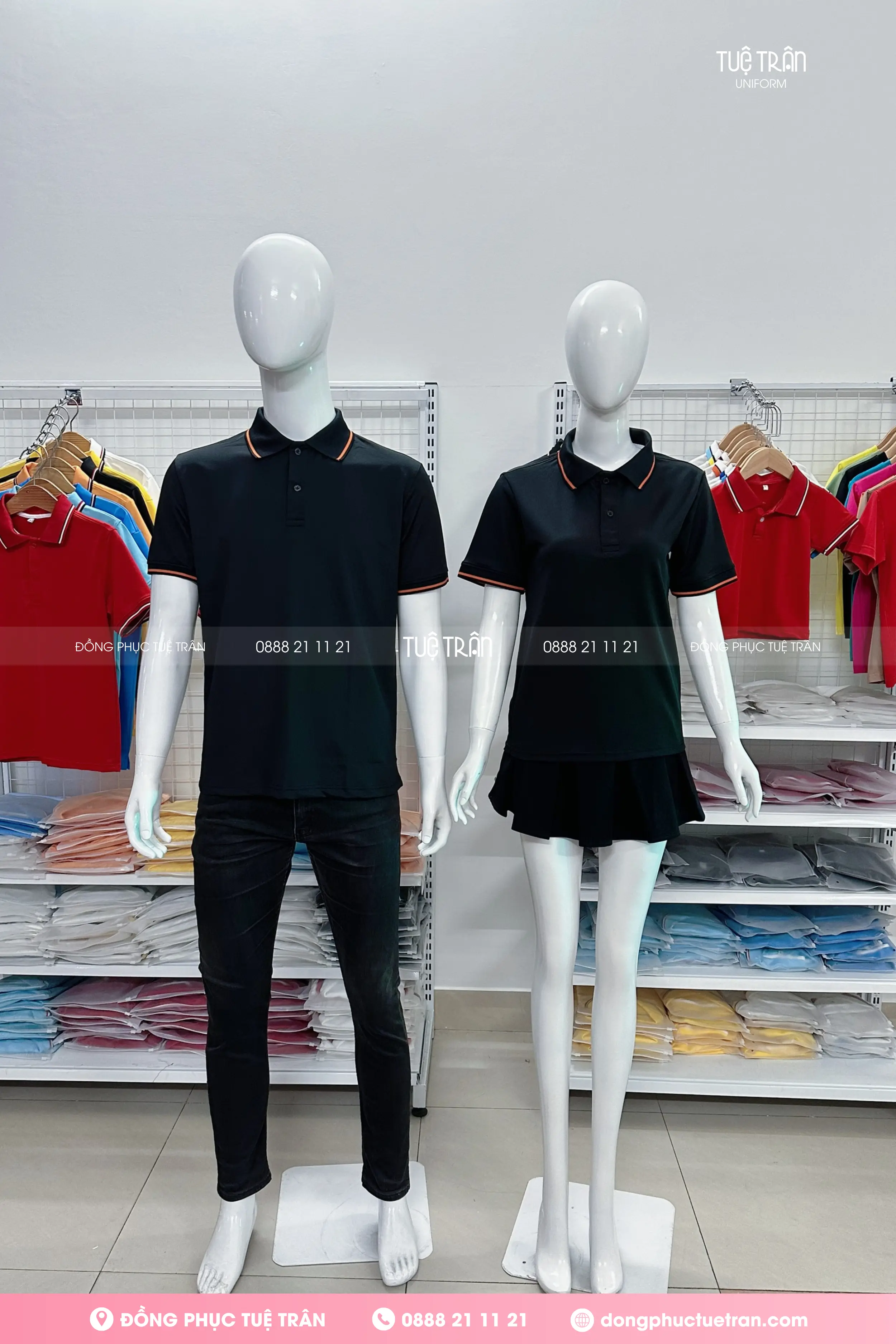 Áo thun cổ trụ đồng phục đen phối bo sọc