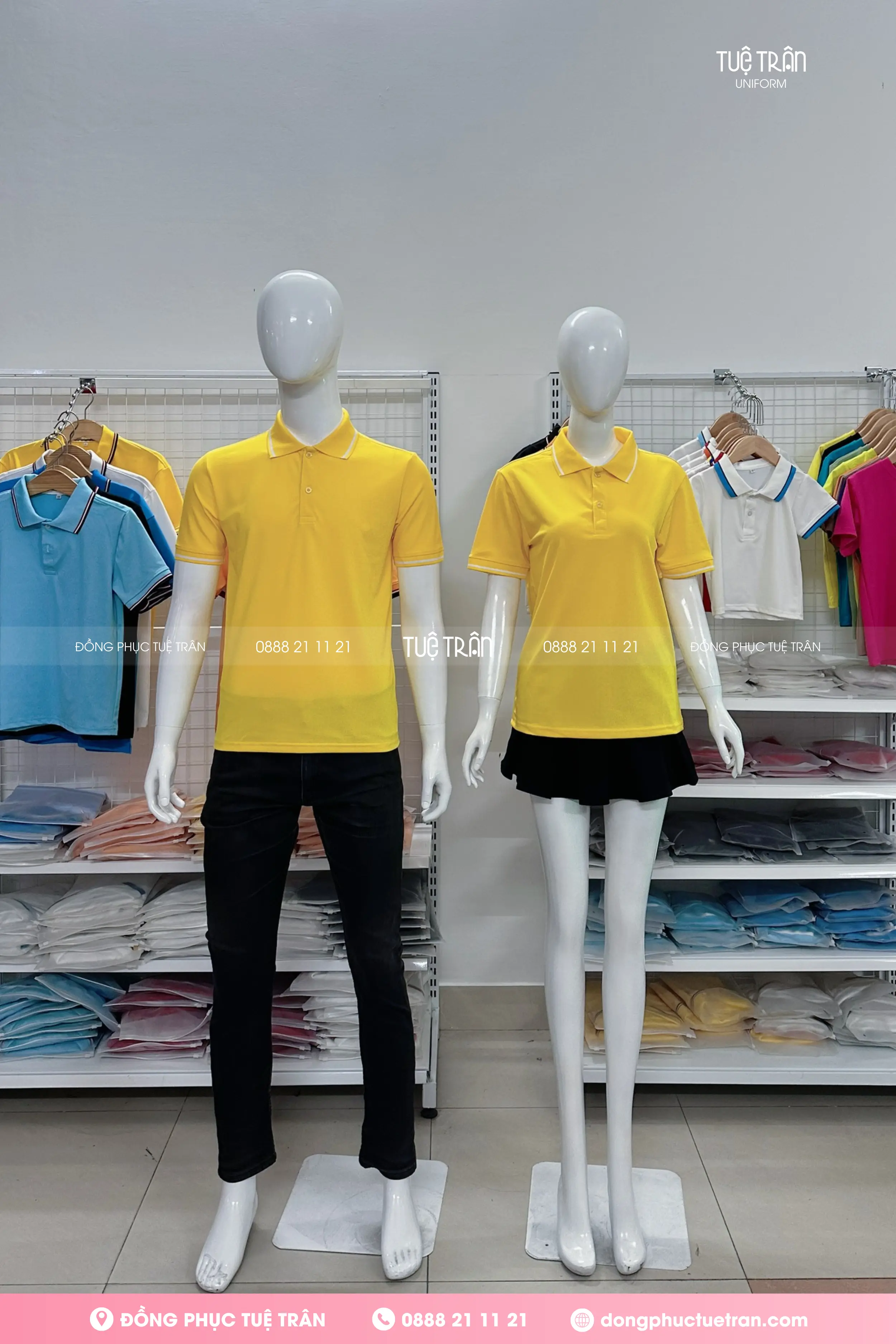Áo thun cổ trụ đồng phục vàng phối bo sọc