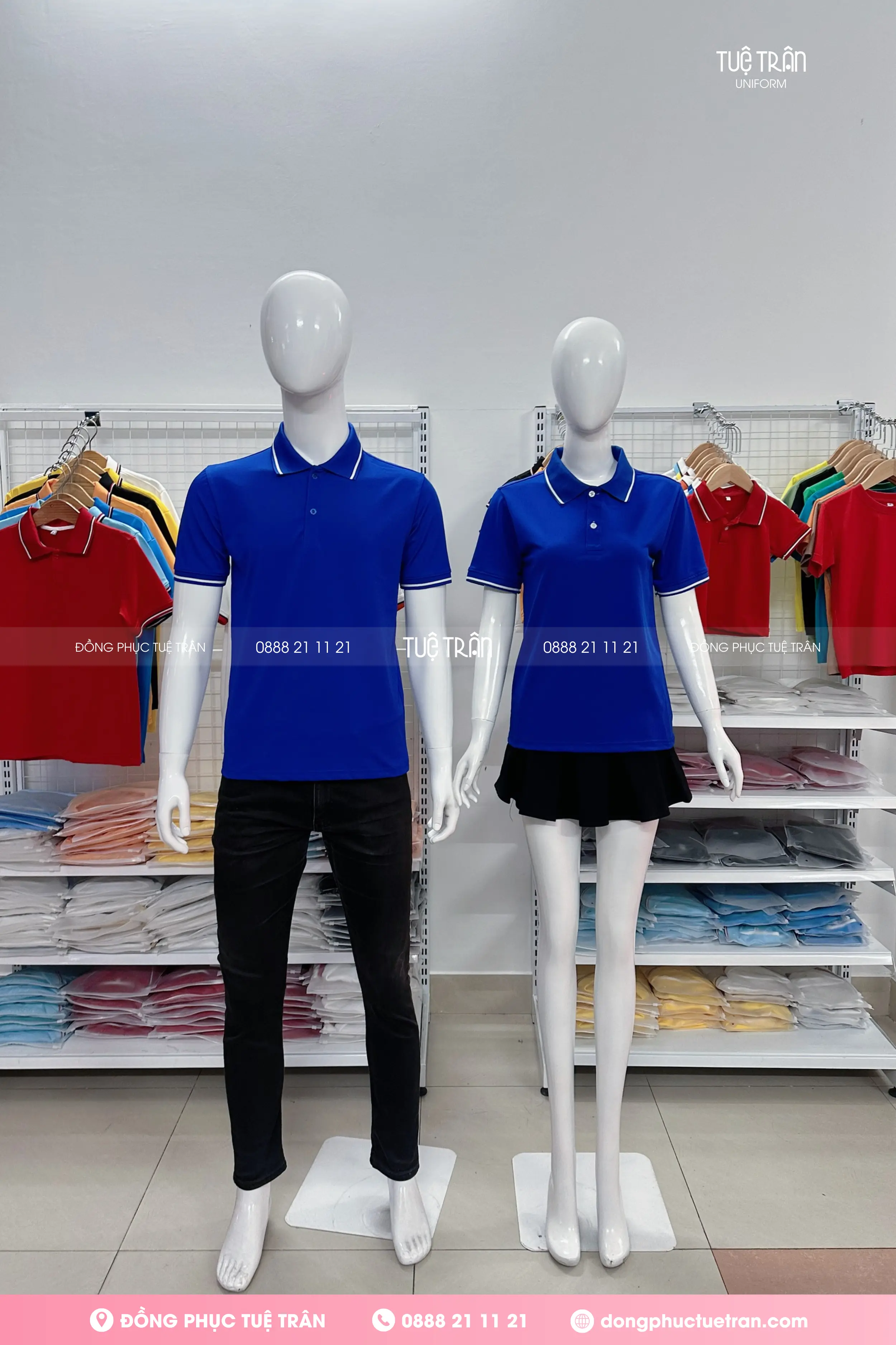 Áo thun cổ trụ đồng phục xanh bích phối bo sọc