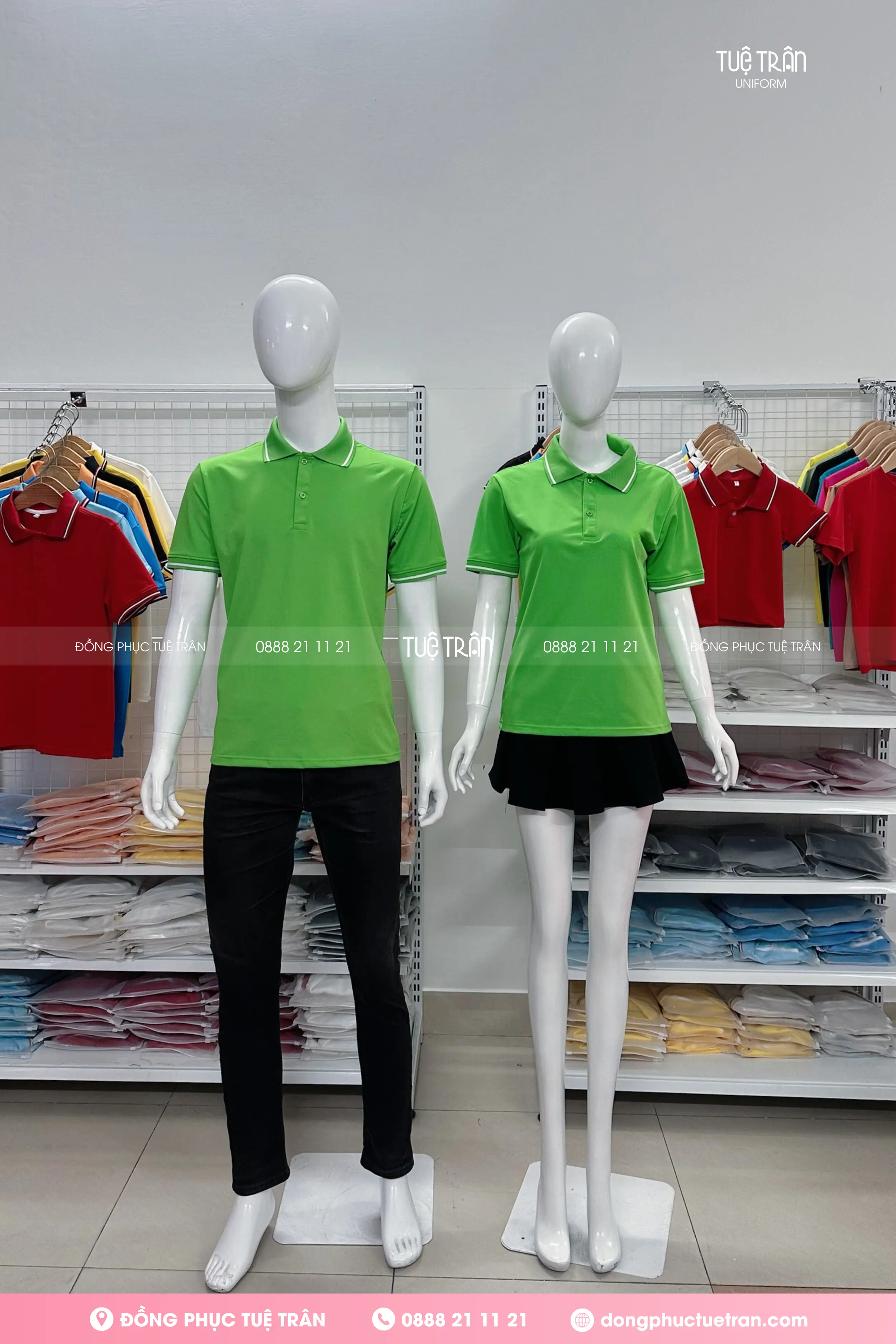 Áo thun cổ trụ đồng phục xanh chuối phối bo sọc