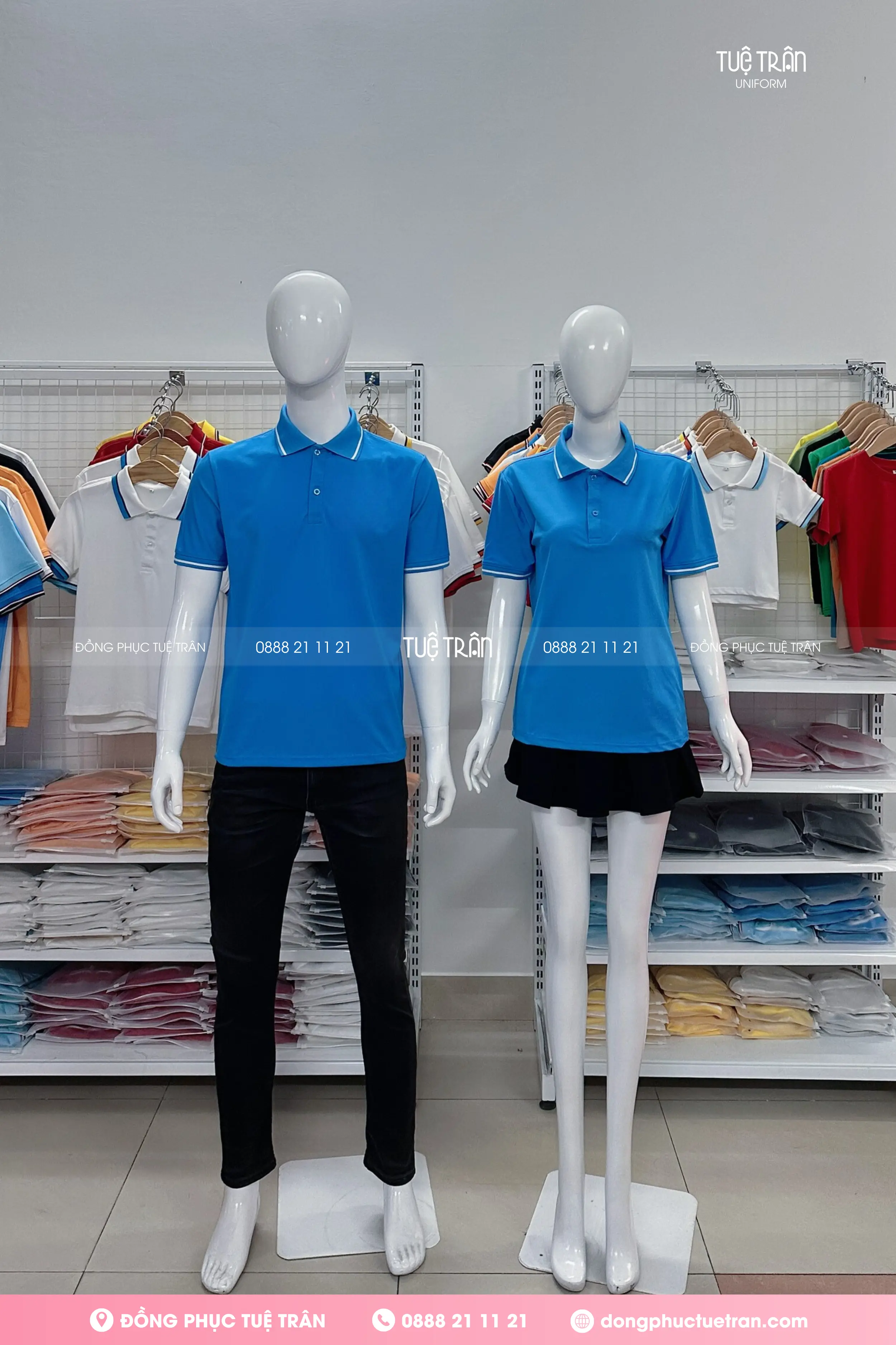 Áo thun cổ trụ đồng phục xanh ya phối bo sọc
