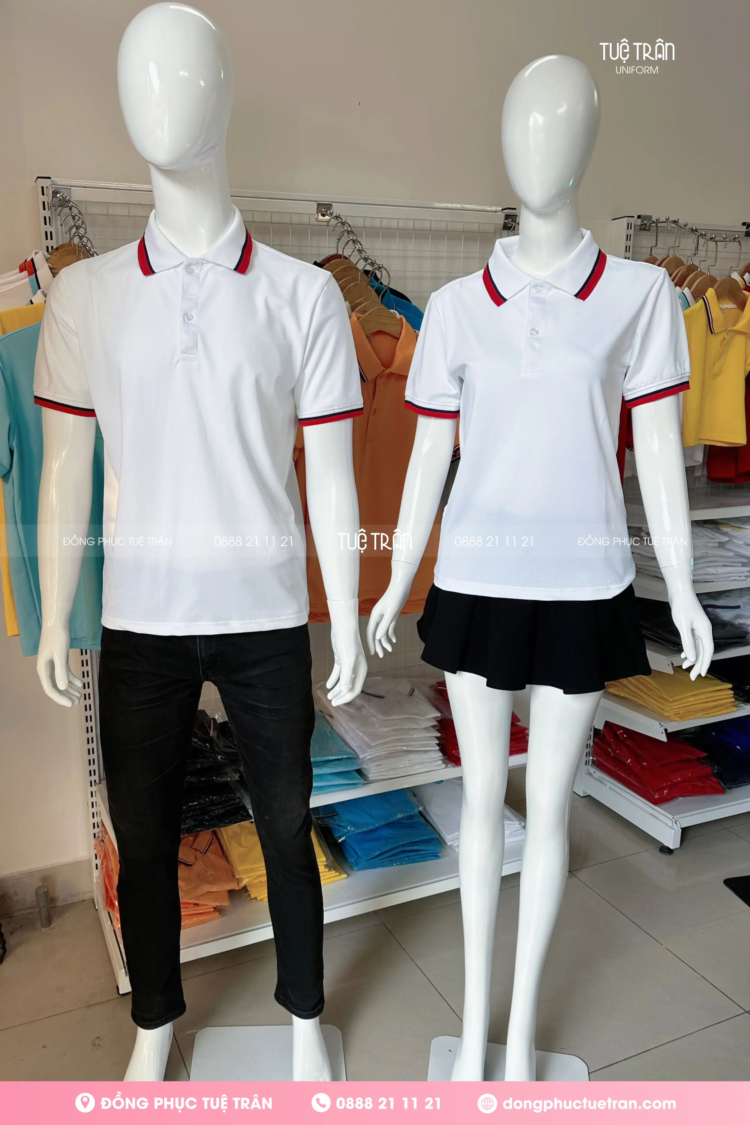 Áo thun polo đồng phục trắng phối bo 2 sọc