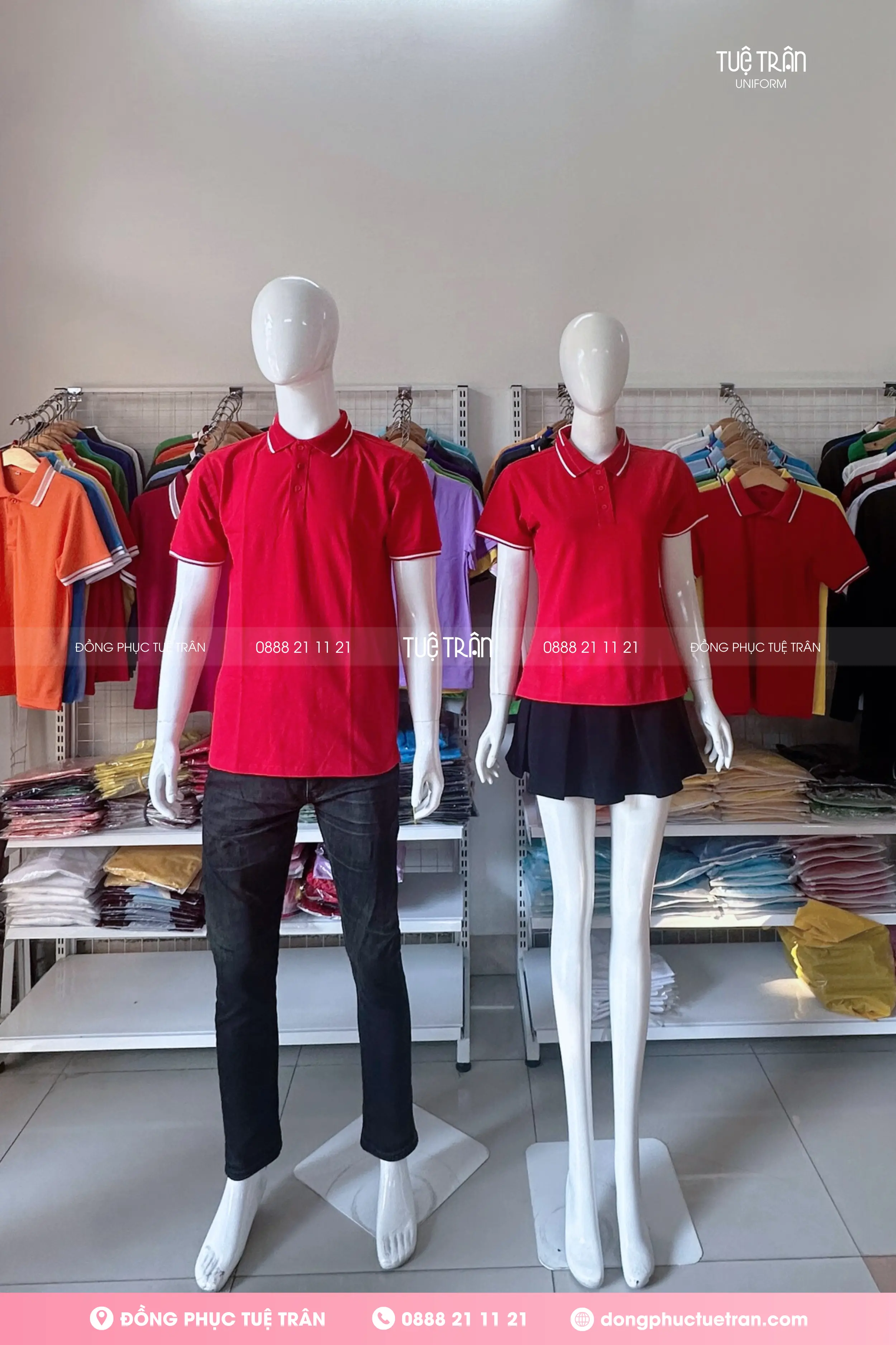 Áo thun polo đồng phục cao cấp đỏ phối bo 2 sọc