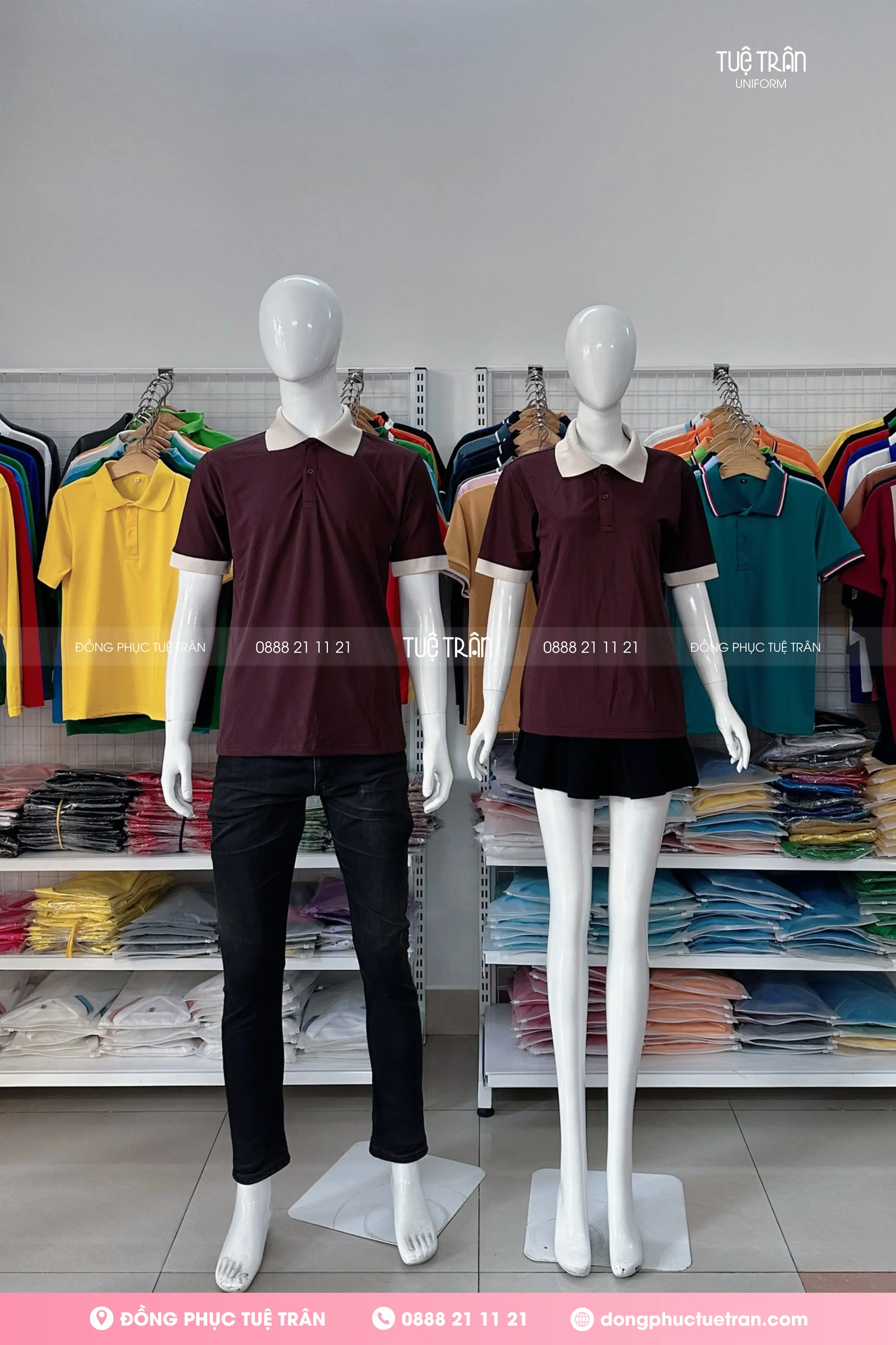 Áo thun đồng phục nâu phối cổ