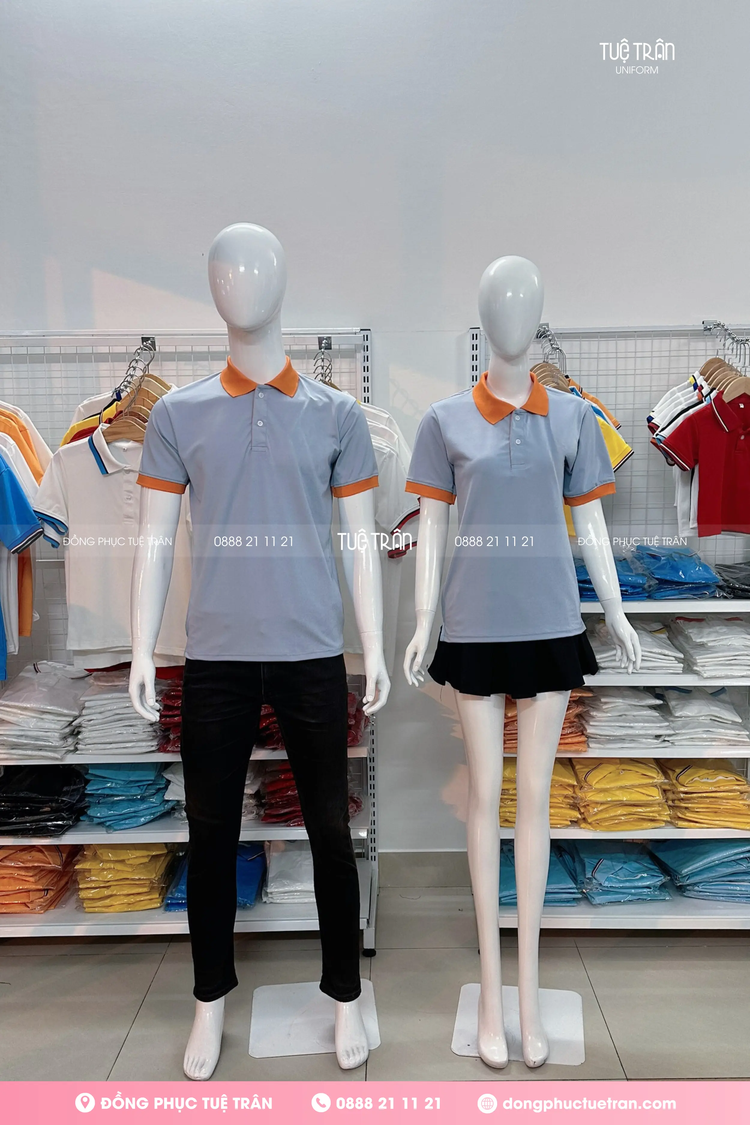 Áo thun đồng phục xám trắng phối cổ