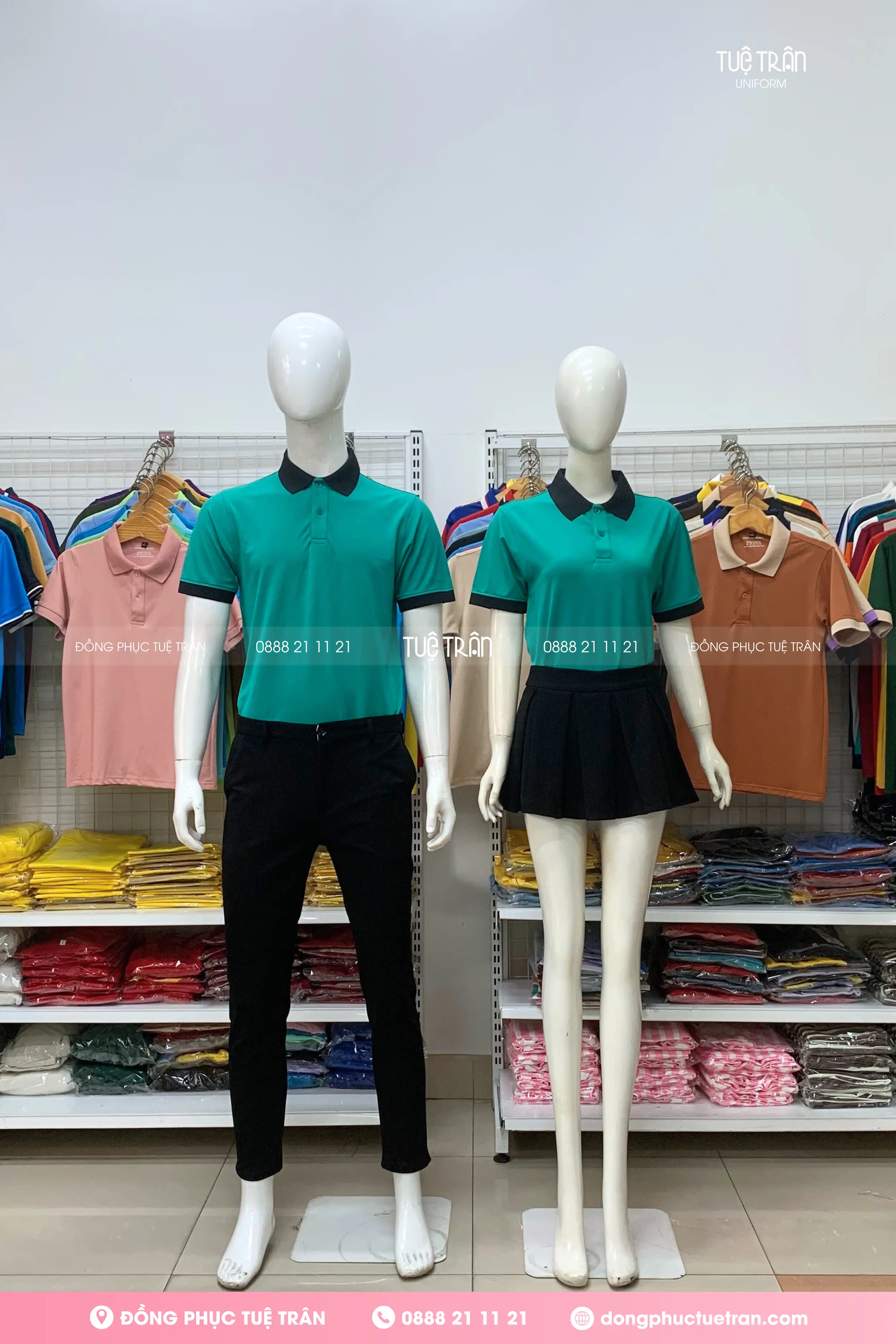Áo thun đồng phục xanh vịt phối cổ