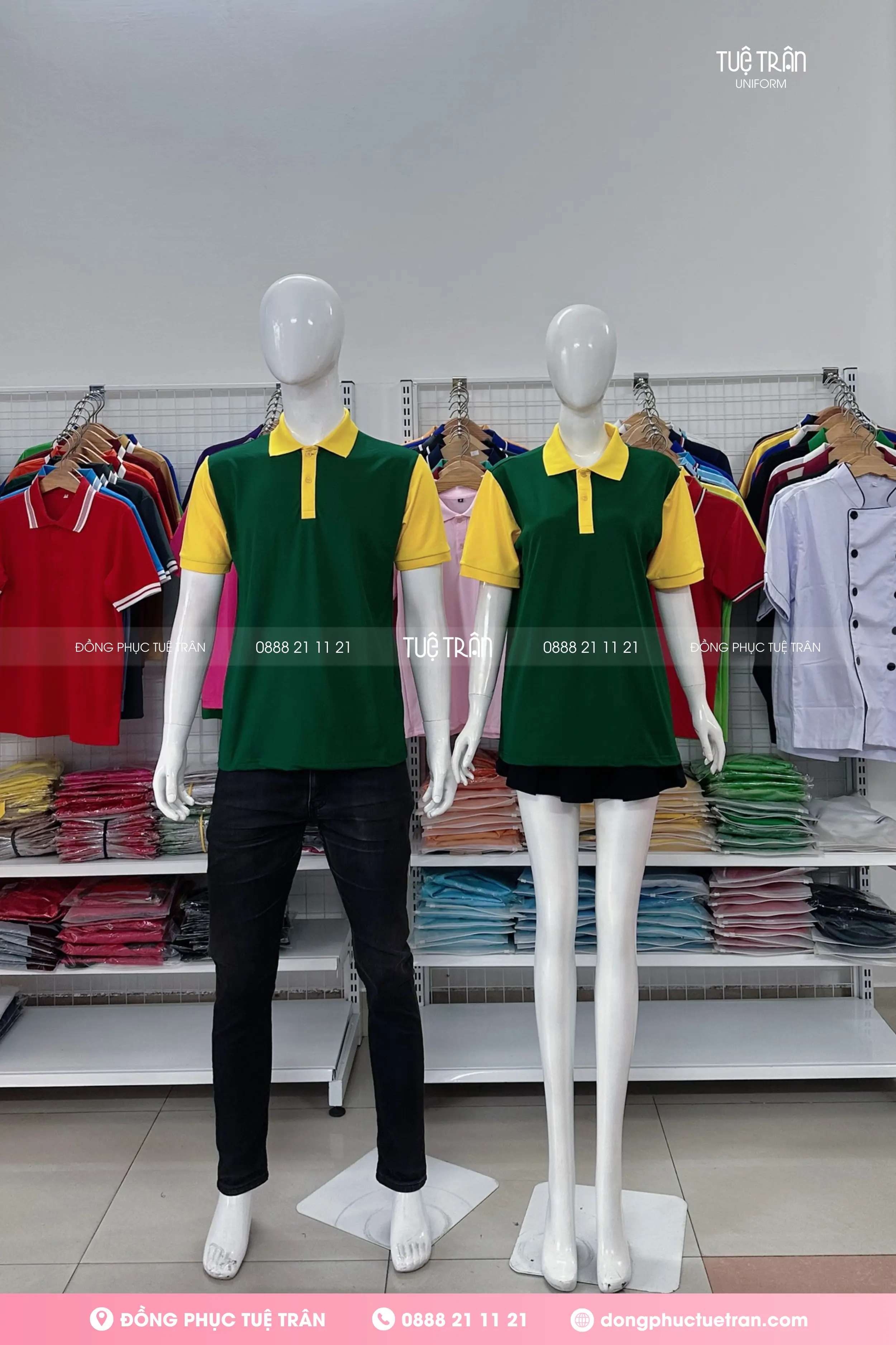 Áo thun polo đồng phục xanh ve chai phối