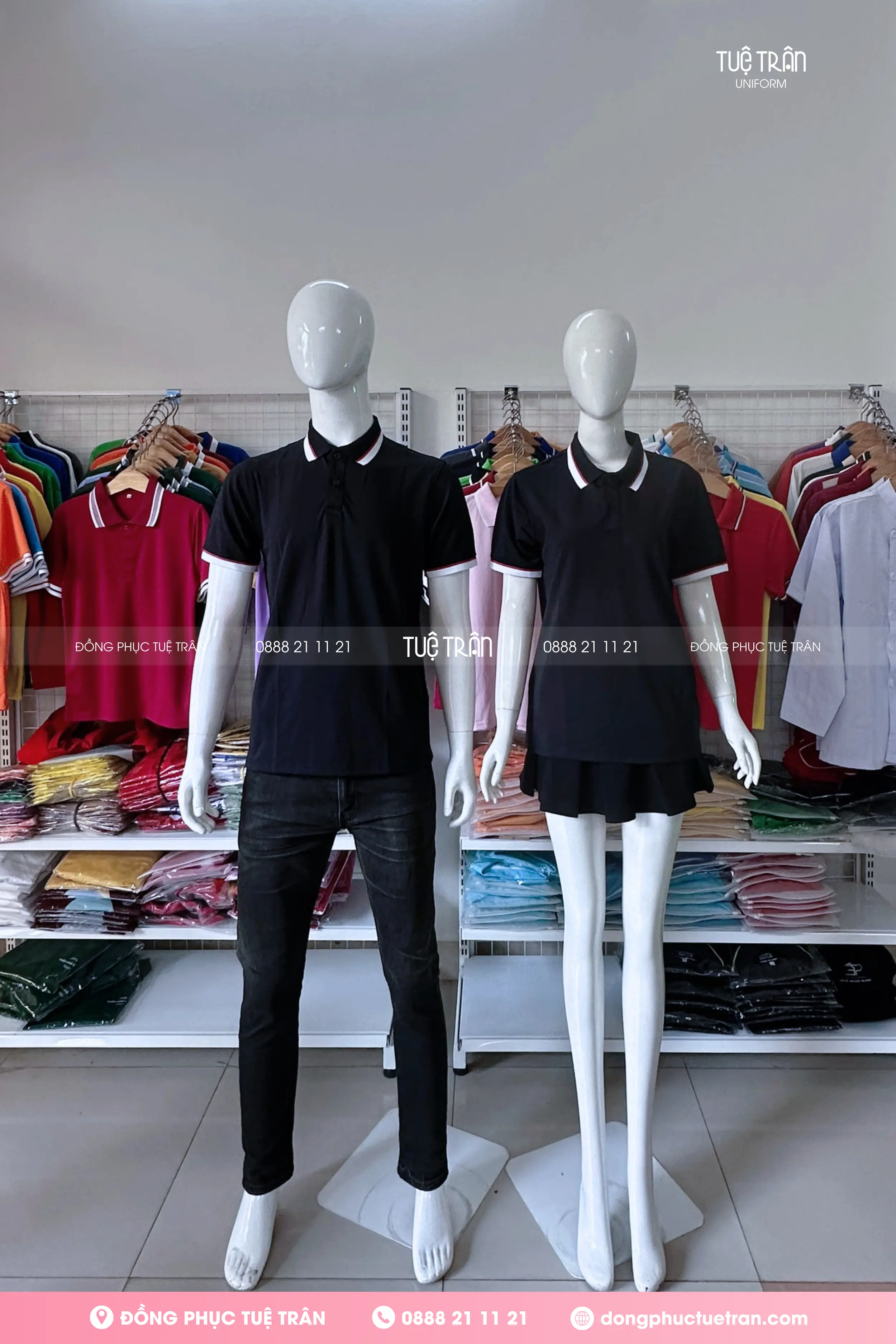 Áo thun polo đồng phục đen phối bo sọc