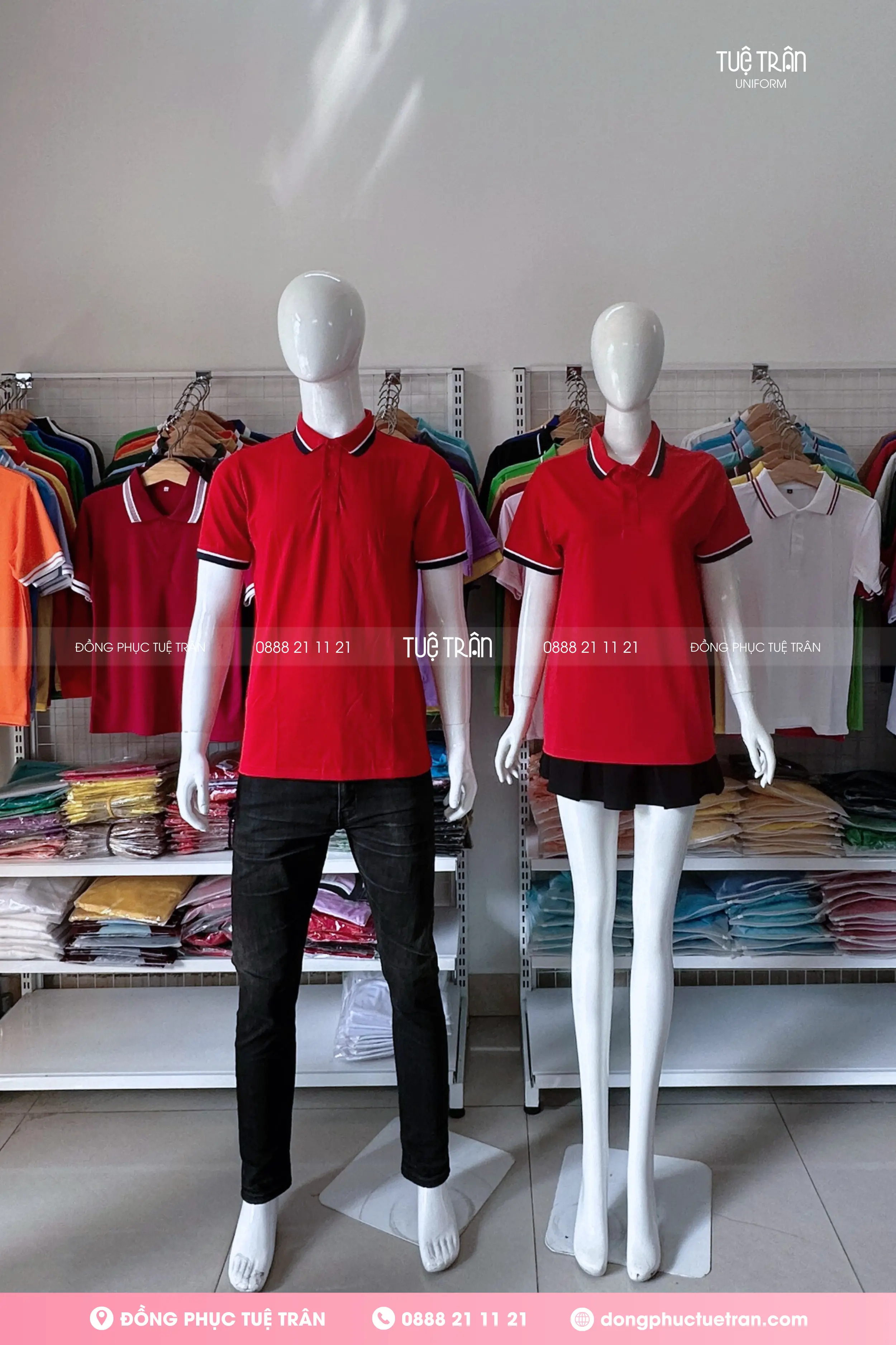 Áo thun polo đồng phục đỏ phối bo sọc trắng
