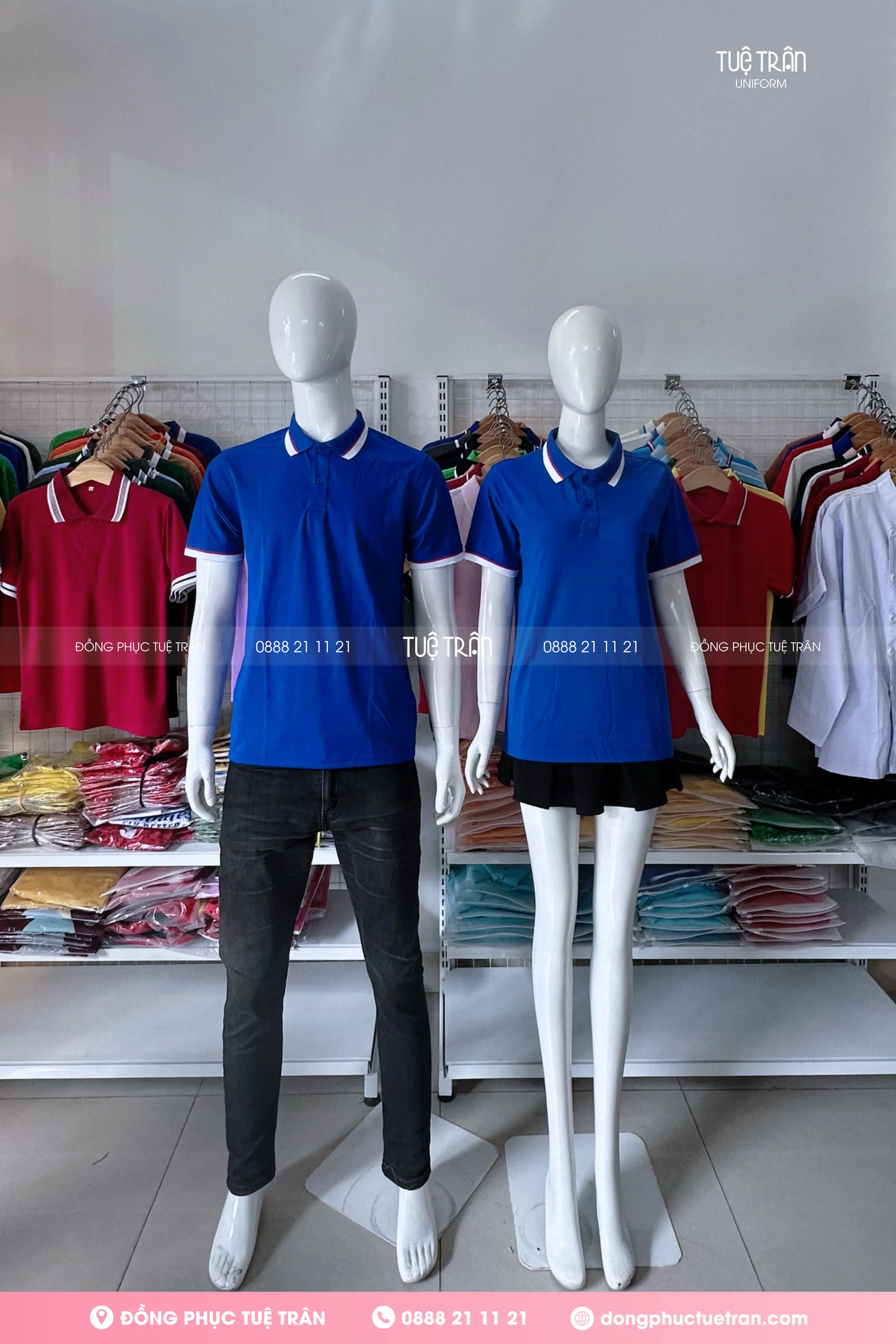Áo thun polo đồng phục xanh bích phối bo sọc