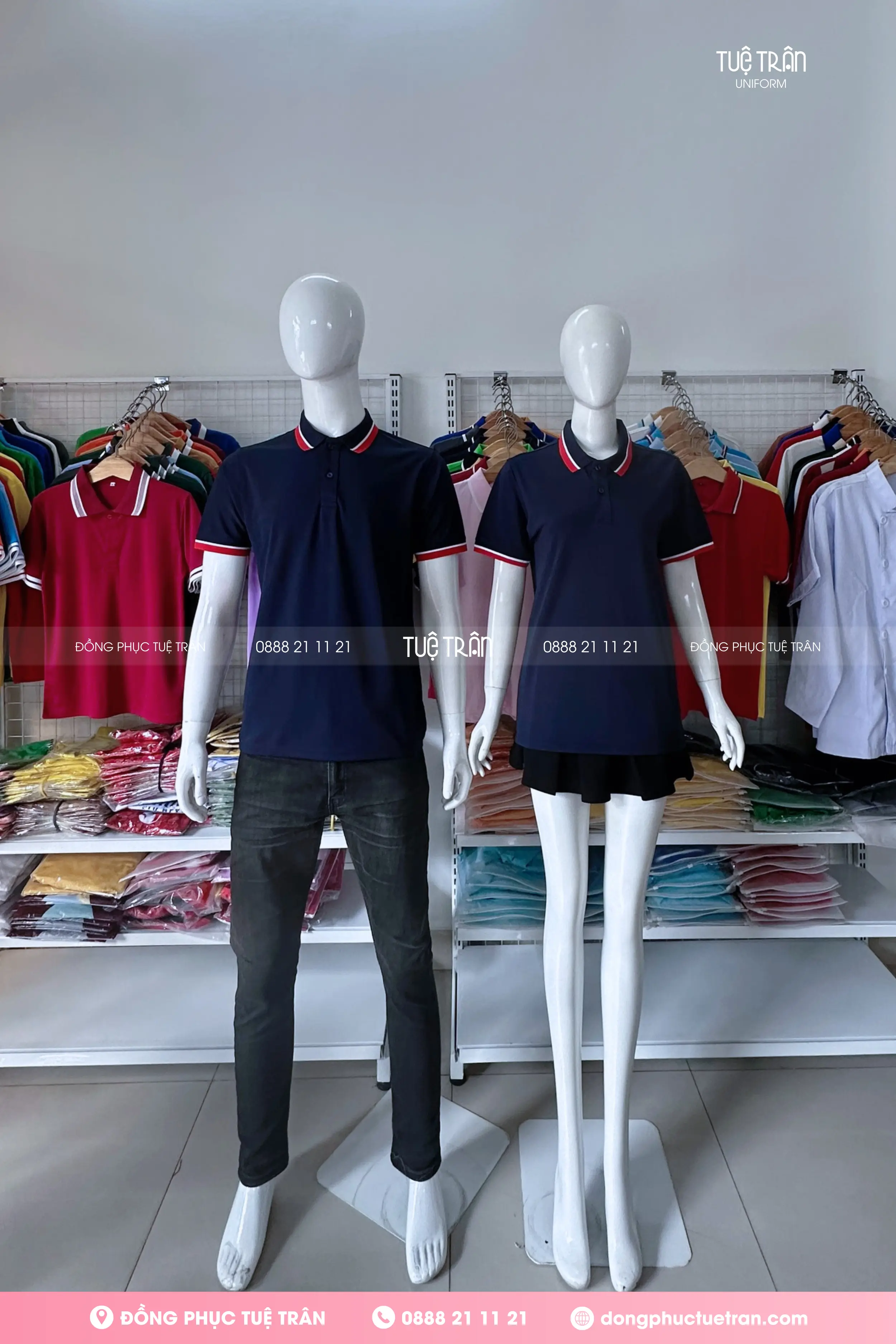 Áo thun polo đồng phục xanh đen phối bo sọc